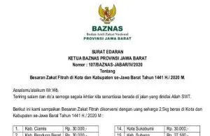 Surat Edaran Baznas tentang Besaran Zakat Fitrah Tahun 1441 H/2020 M