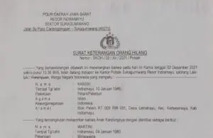 Polsek Sukagumiwang, menerbitkan Surat Keterangan Orang Hilang pada Kamis, 2 Desember 2021