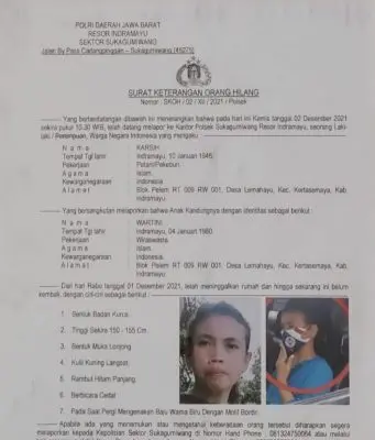 Polsek Sukagumiwang, menerbitkan Surat Keterangan Orang Hilang pada Kamis, 2 Desember 2021